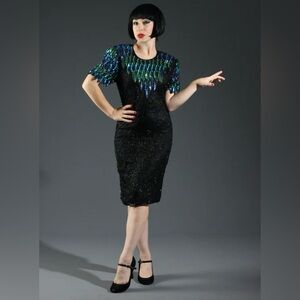 Vintage 80s/90s J.M.C. Silk Beaded Peacock Sequin Cocktail Dress Sz 10